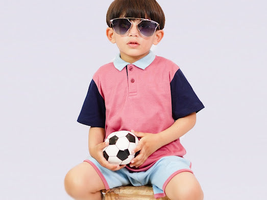 Plush-Baby Plaid Polo Shirt & Shorts-Pink-Blue