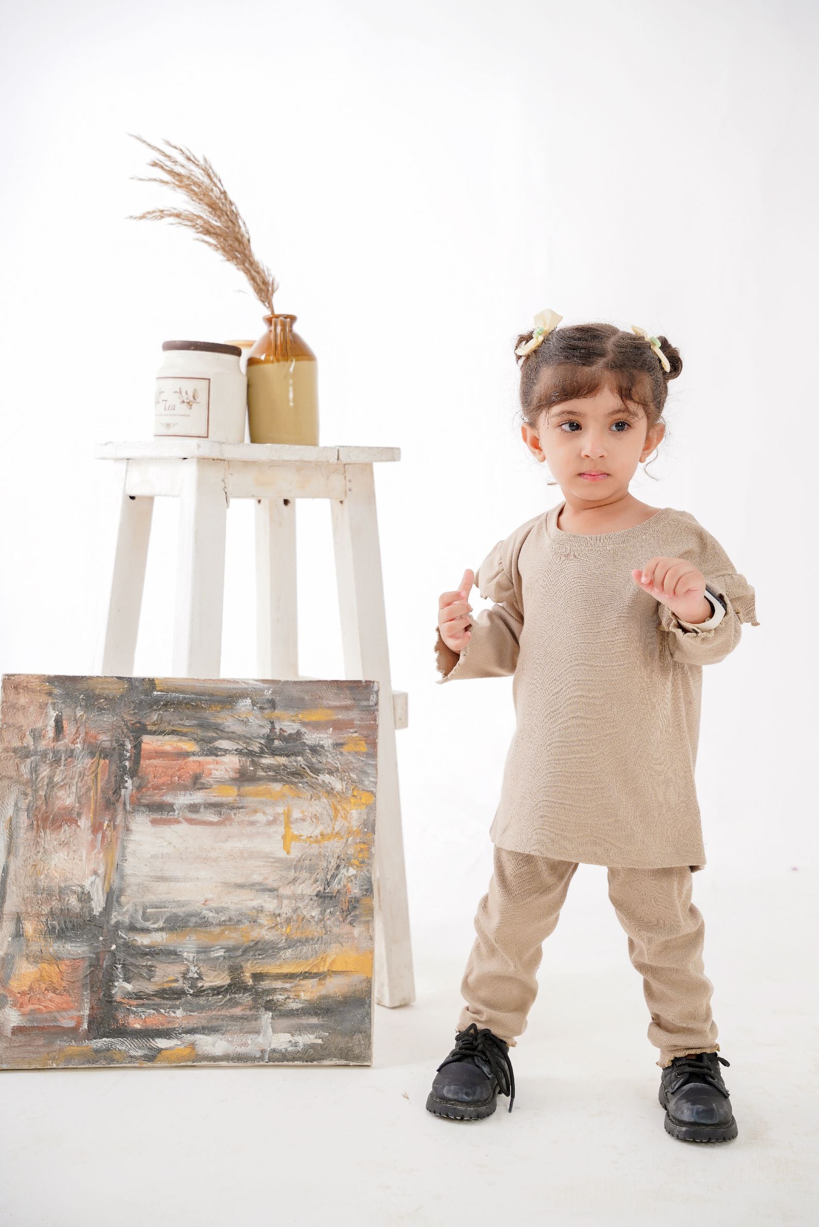 Plush Shoulder Frill Style Ribbed Knit Basic Set - Caramel