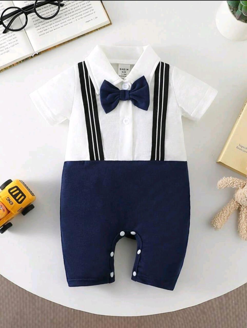 Plush-Polo Romper - White & Blue Contrast with Bowtie