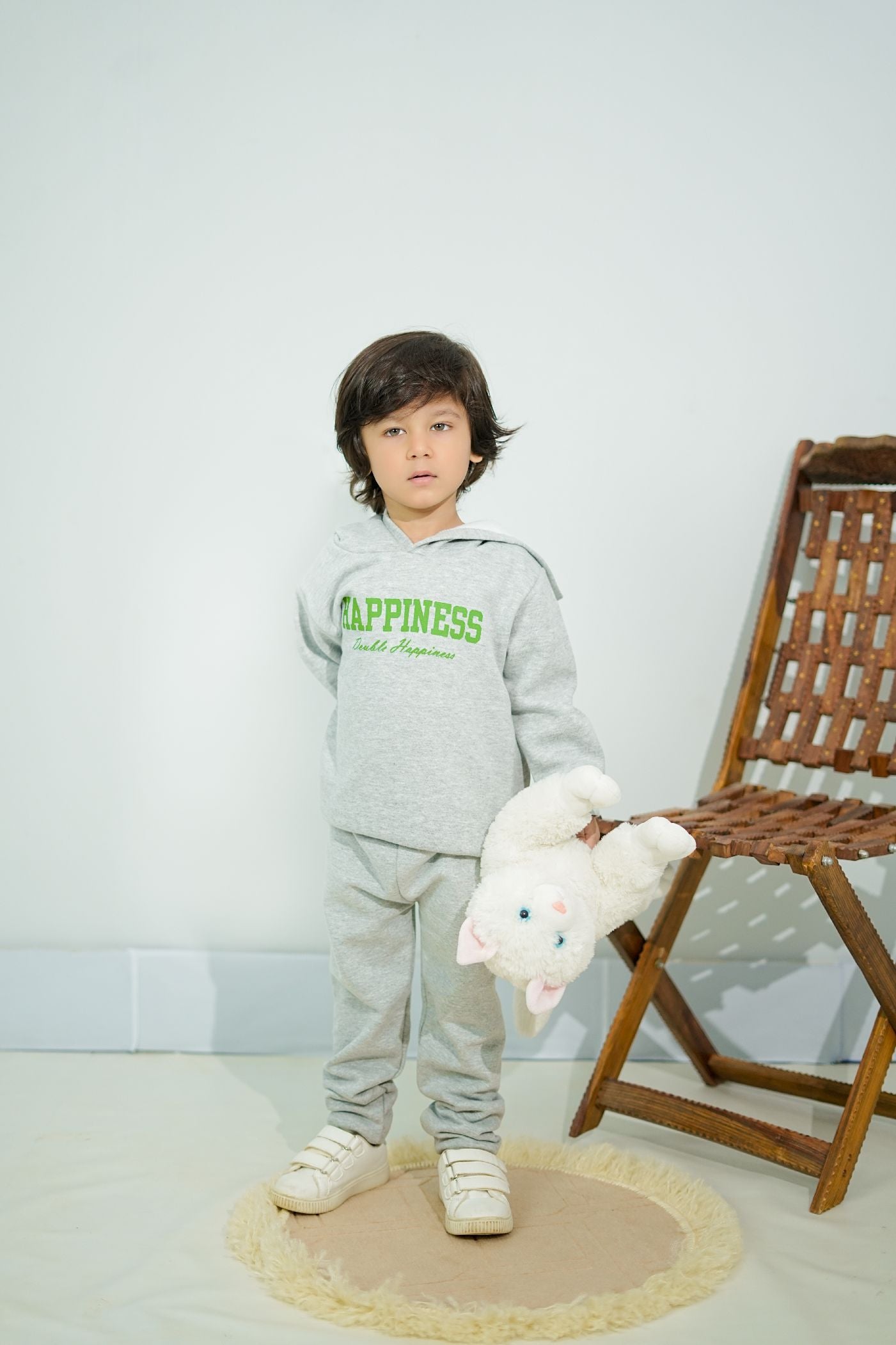 Plush Hoodie Style - Happiness Fleece Sweat Set Grey