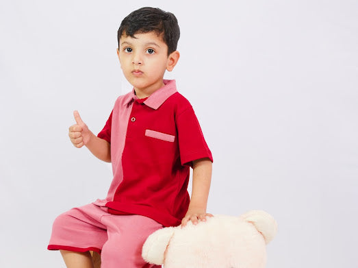 Plush-Baby Plaid Polo Shirt & Shorts-Red-Pink