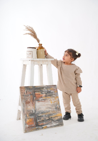 Plush Shoulder Frill Style Ribbed Knit Basic Set - Caramel