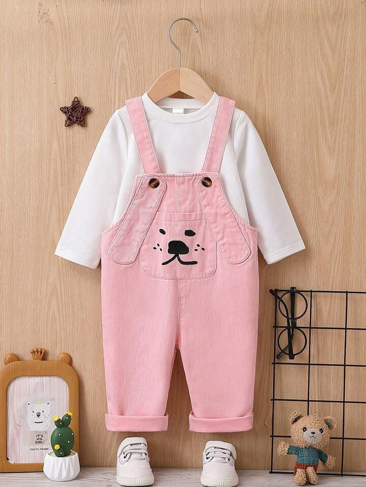 Plush - Denim - Cute Animal Print Pink Dungaree Set