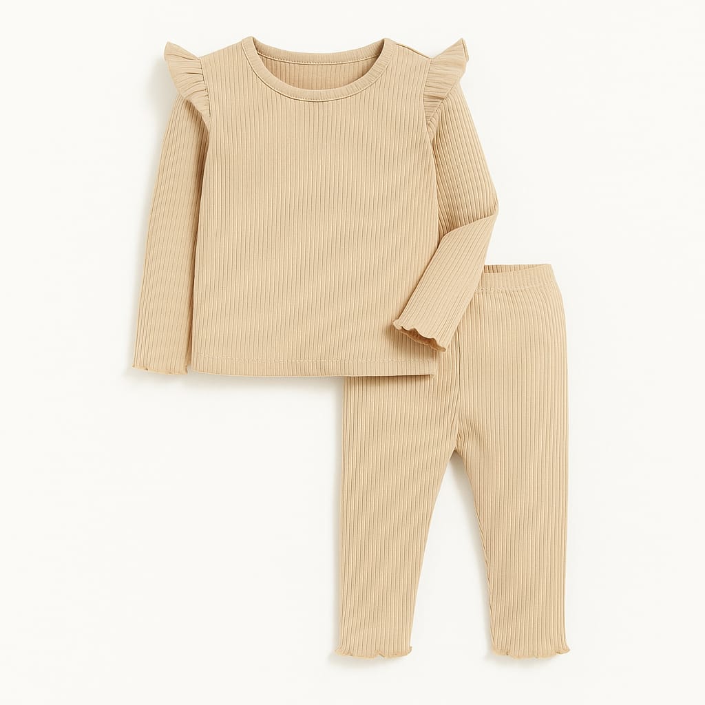 Plush Shoulder Frill Style Ribbed Knit Basic Set - Caramel