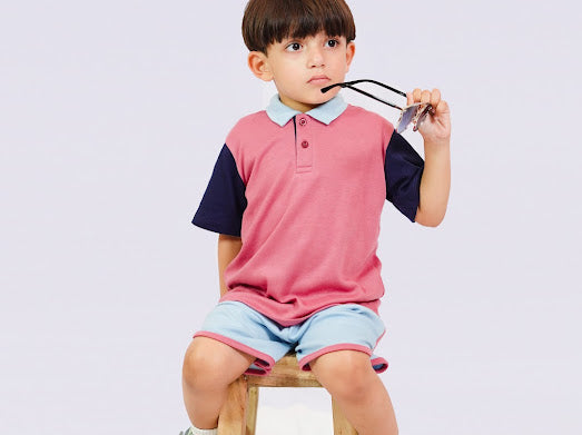 Plush-Baby Plaid Polo Shirt & Shorts-Pink-Blue
