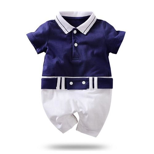 Plush-Polo Romper -  Blue & White Contrast With Belt