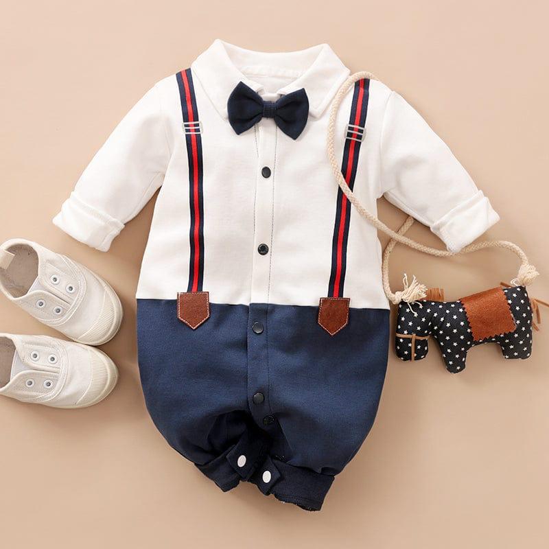 Plush-Polo Romper - White & Blue Contrast with Bowtie
