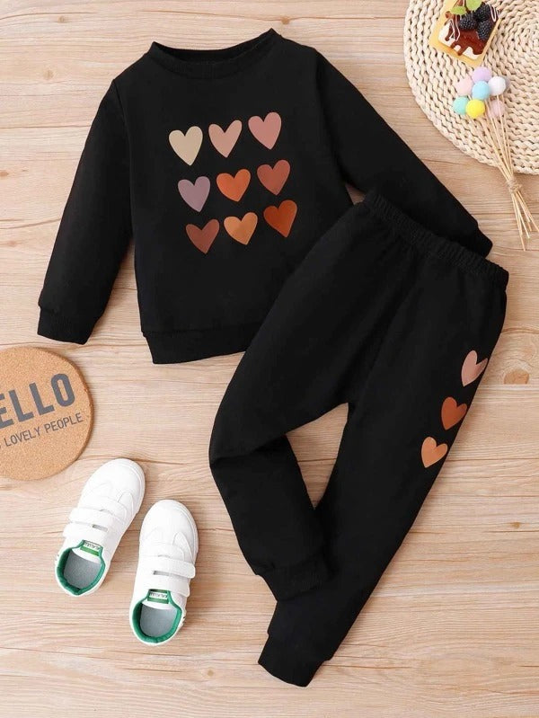 Plush-Round Neck - Colored Hearts Fleece Sweat Set