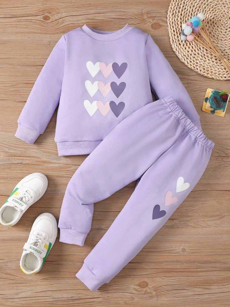 Plush Round Neck - Hearts Fleece Basic Set Purple