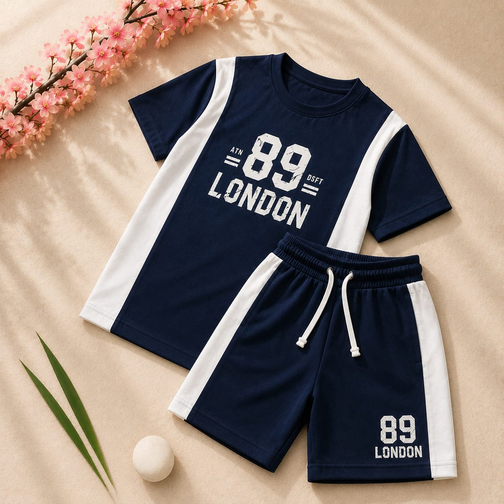 Boys Navy Blue & White "89 London" T-Shirt & Shorts Set