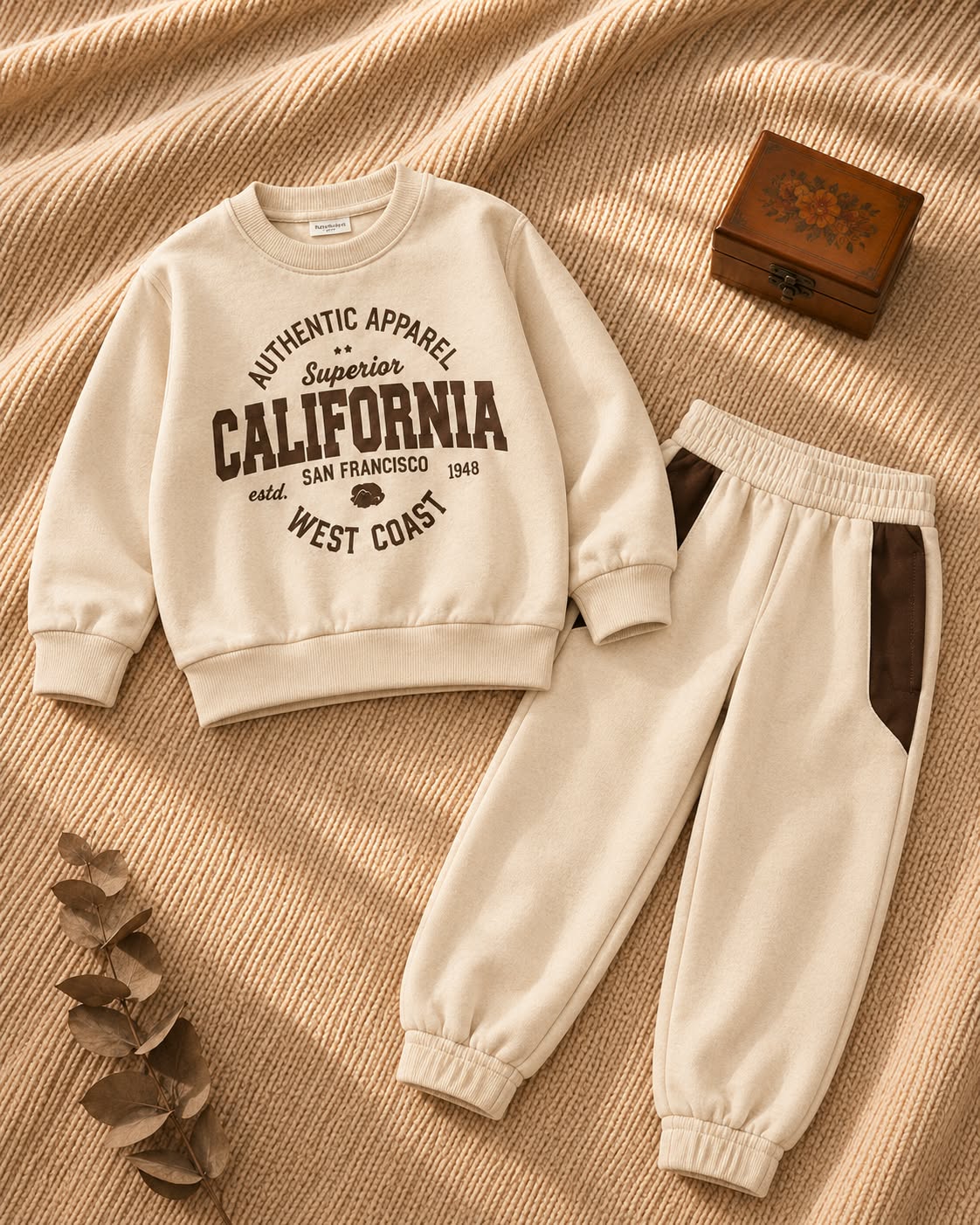 Kids beige California print fleece sweatshirt and jogger set