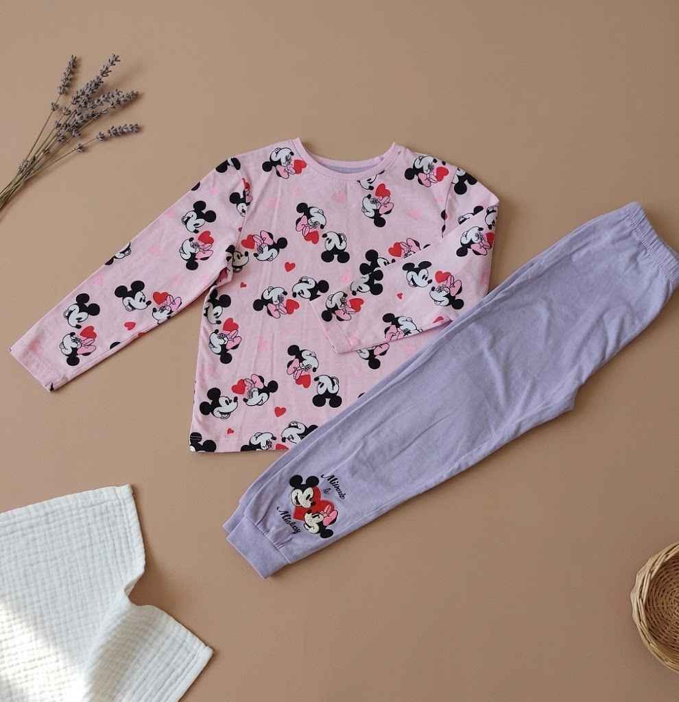 New Disney Mickey & Minnie Girls’ Pajama Set – PINK Printed Top with Red Trousers | Kids Nightwear