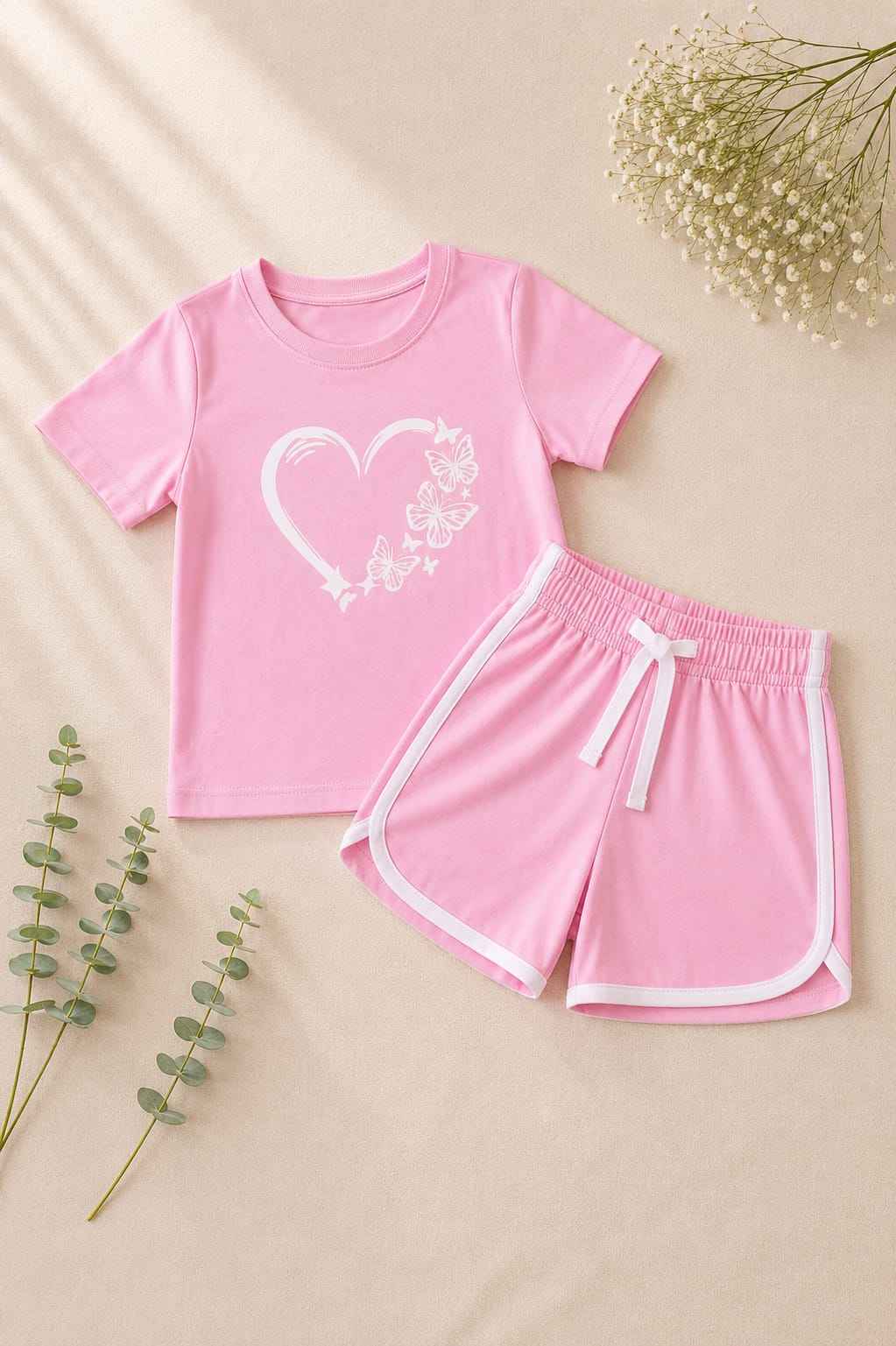Girls Pink Butterfly Heart T-Shirt & Shorts Set