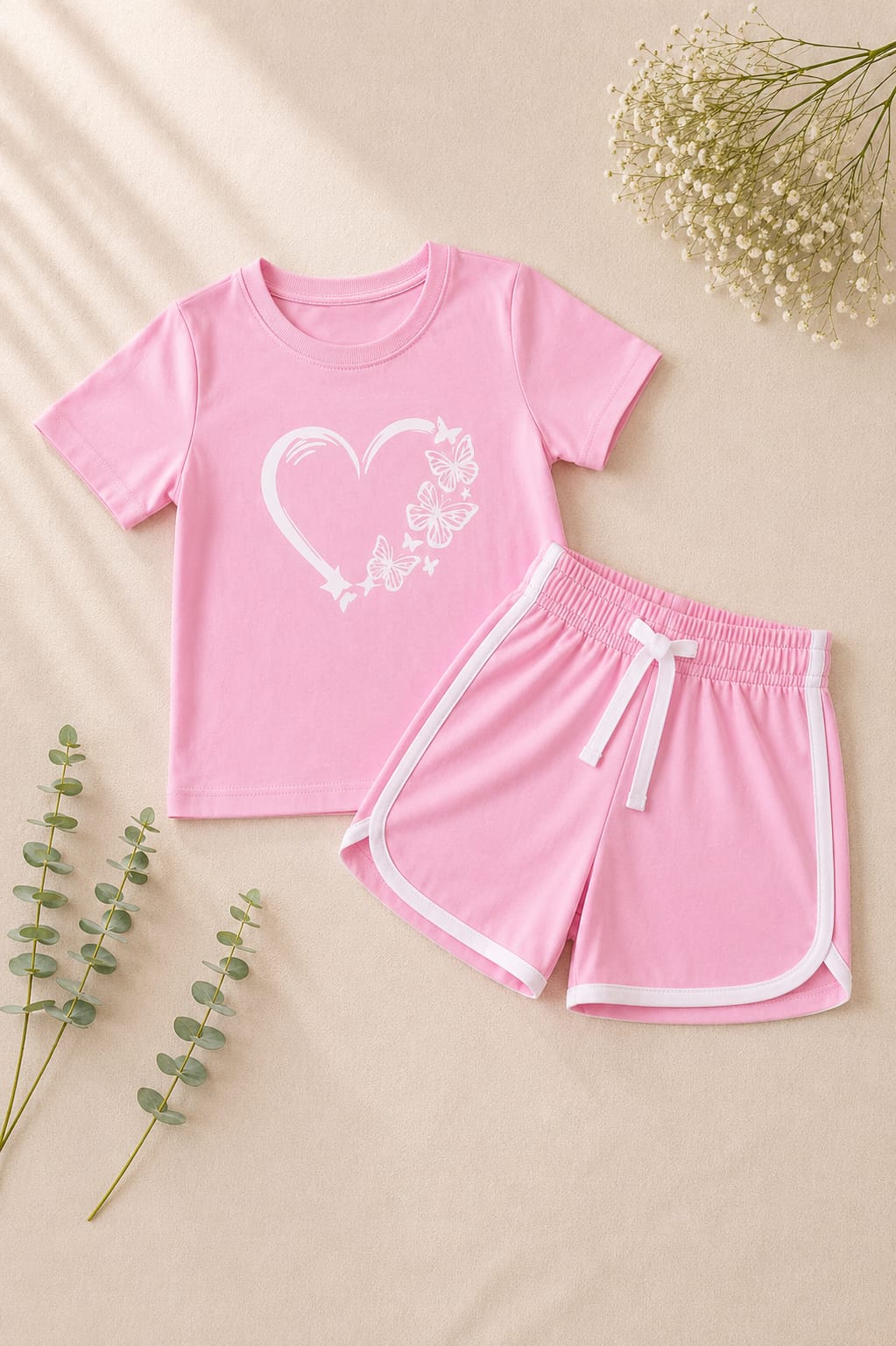 Girls Pink Butterfly Heart T-Shirt & Shorts Set