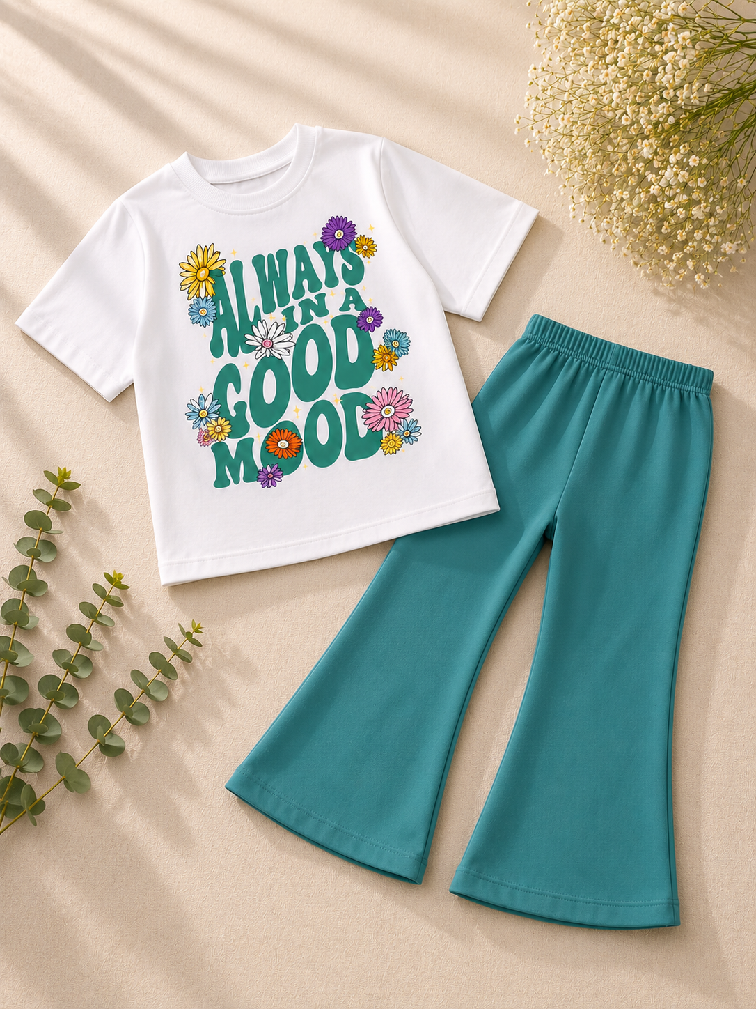 Girls Mint Green "Good Mood" T-Shirt & Flapper Trouser Set