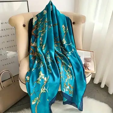 Teal silk-satin scarf with white almond blossom floral print and artistic branch design