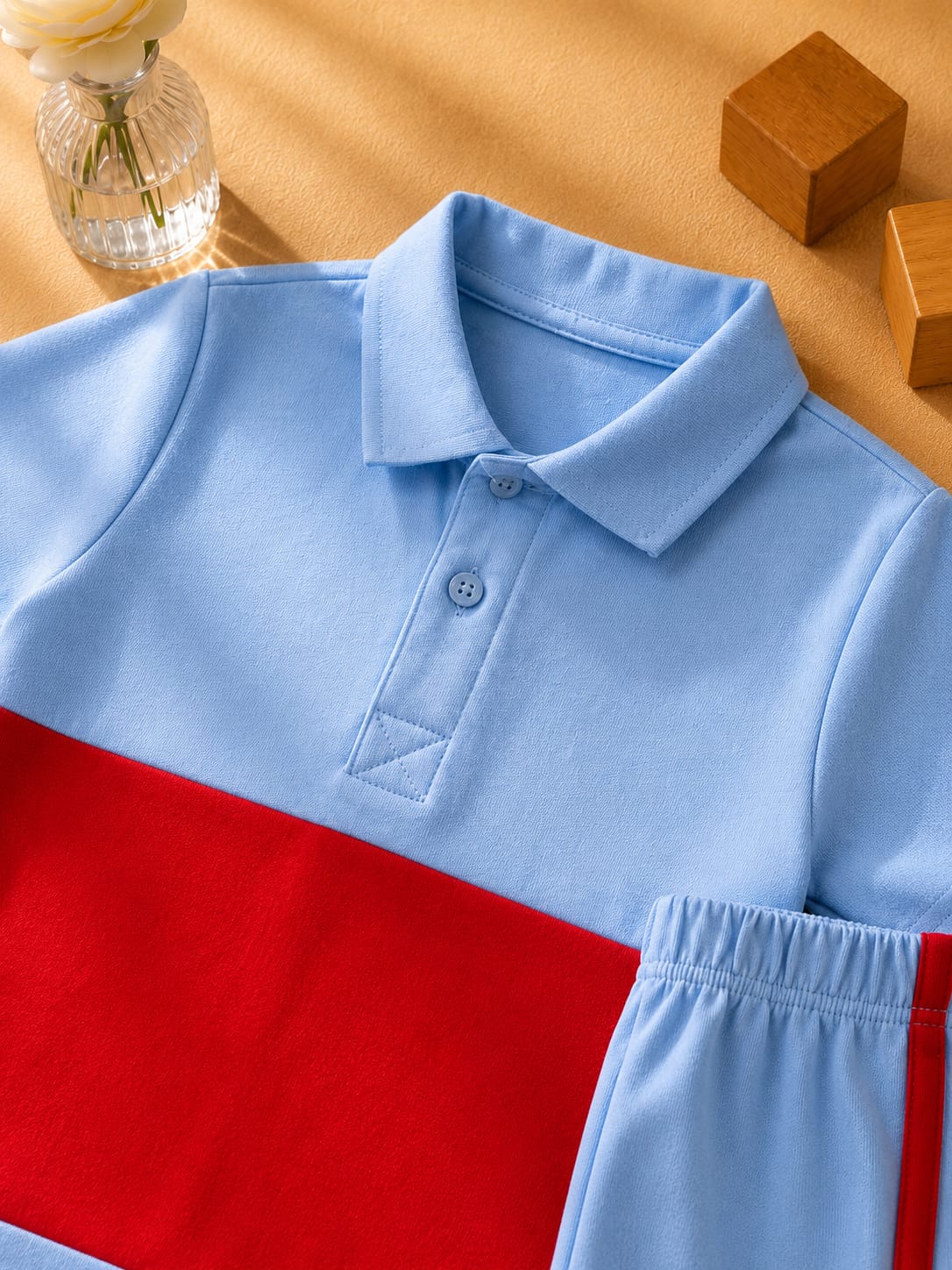 Plush-Baby Plaid Polo Shirt & Shorts-Red-Blue