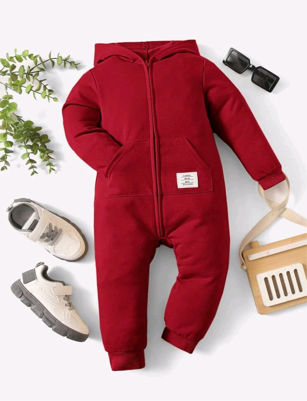 Plush-Hoodie Romper - Red