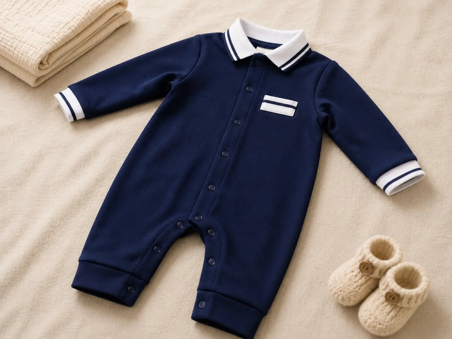 Baby Boy Romper – Navy Blue with White Striped Collar Jumpsuit