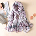 Purple floral silk scarf with grey rose and lattice pattern.