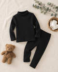 Plush High Neck Style Ribbed Knit Sweat Set - Black