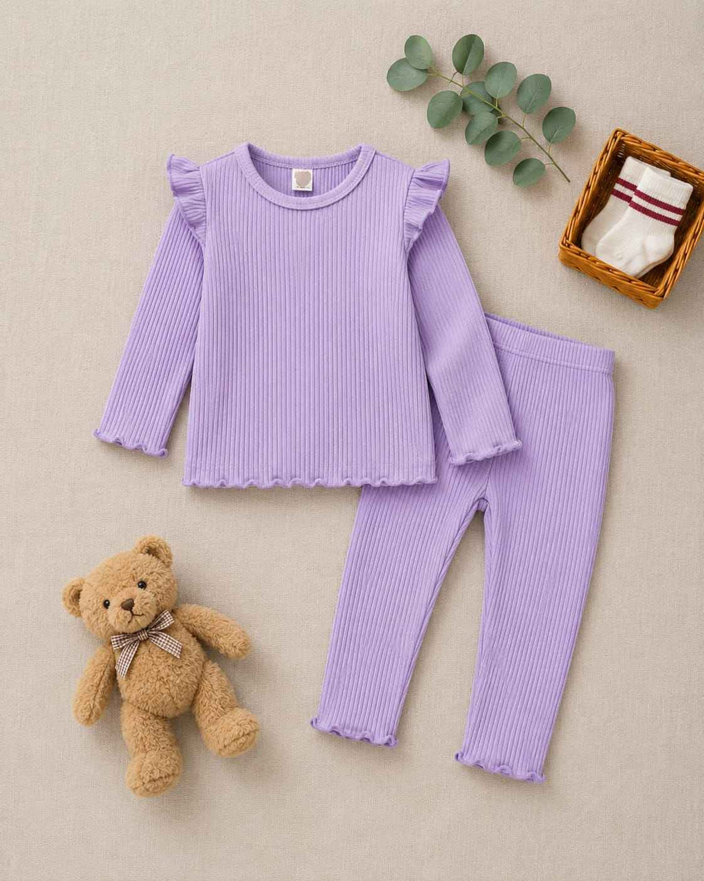 Plush Shoulder Frill Style Ribbed Knit Basic Set - Purple