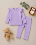 Plush Shoulder Frill Style Ribbed Knit Basic Set - Purple
