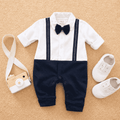 Plush-Polo Romper - White & Blue Contrast with Bowtie & Stripes