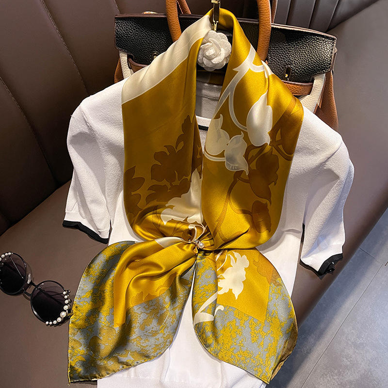 Mustard gold and cream botanical print silk-satin scarf