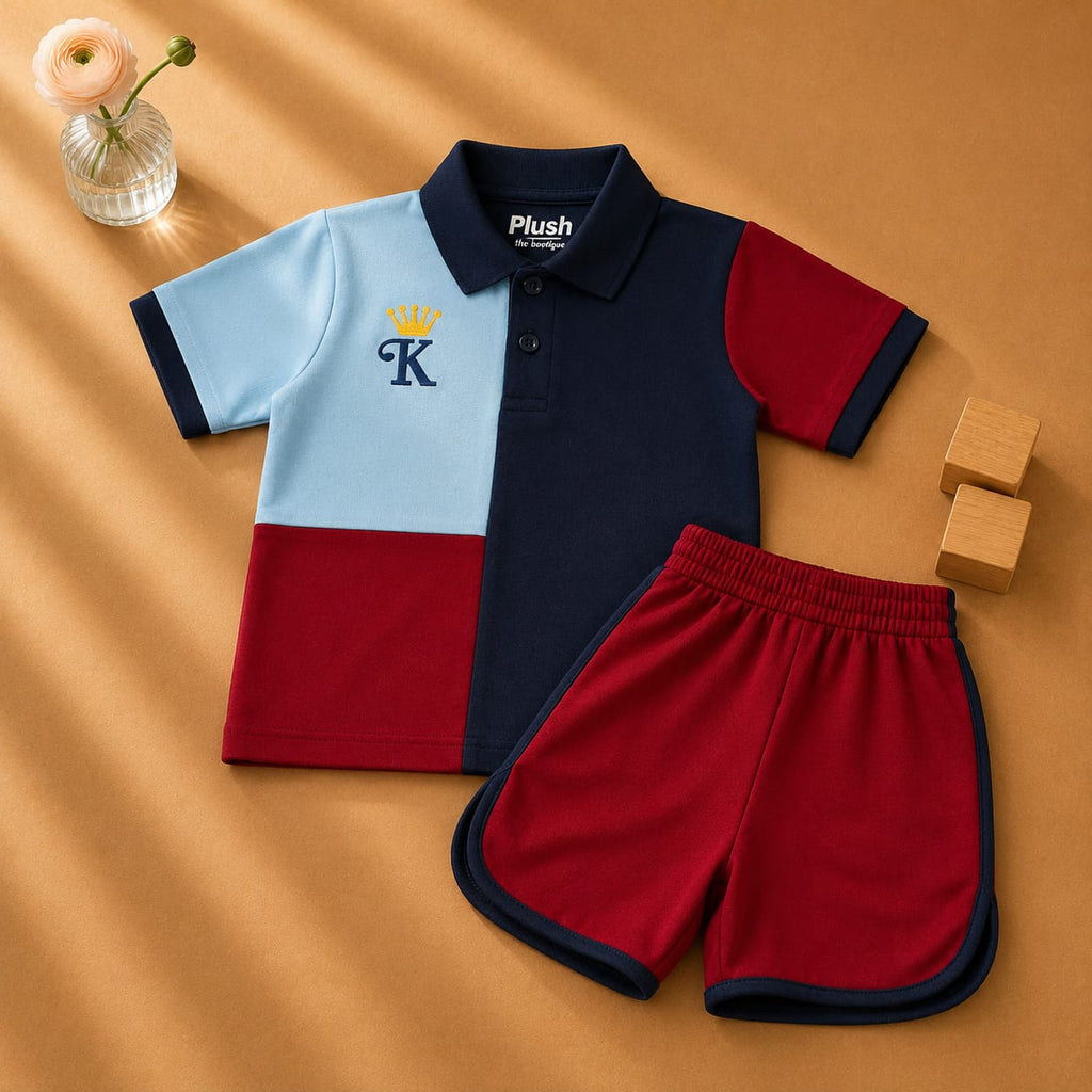 Plush-Baby Plaid Polo Shirt & Shorts-Blue