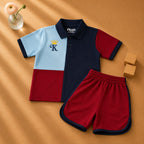 Plush-Baby Plaid Polo Shirt & Shorts-Blue