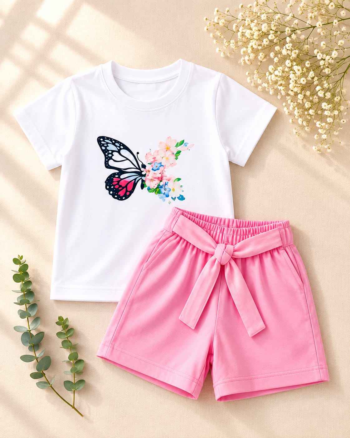 Girls White & Pink Contrast T-Shirt & Shorts Set