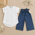 Girls white polka dot top with blue checkered pants set
