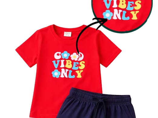 Kids red good vibes only t shirt and navy shorts set