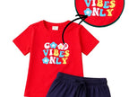 Kids red good vibes only t shirt and navy shorts set