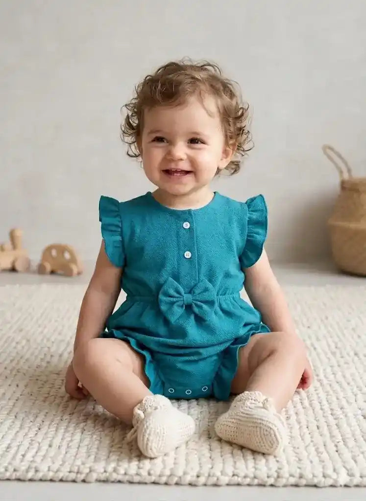 MINI AURA Girls Textured Frill Romper ( Plain ) – Green