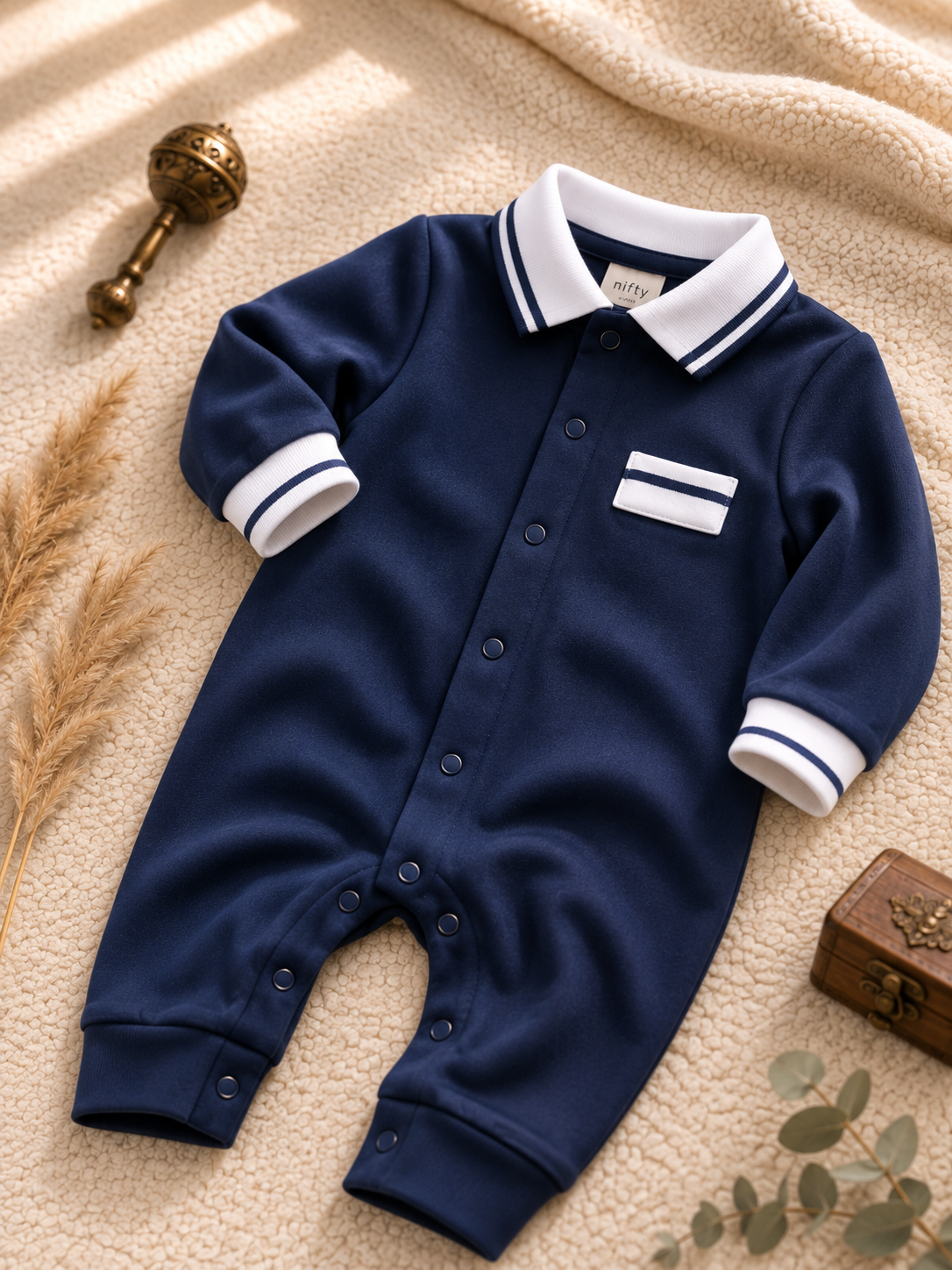Baby Boy Romper – Navy Blue with White Striped Collar Jumpsuit
