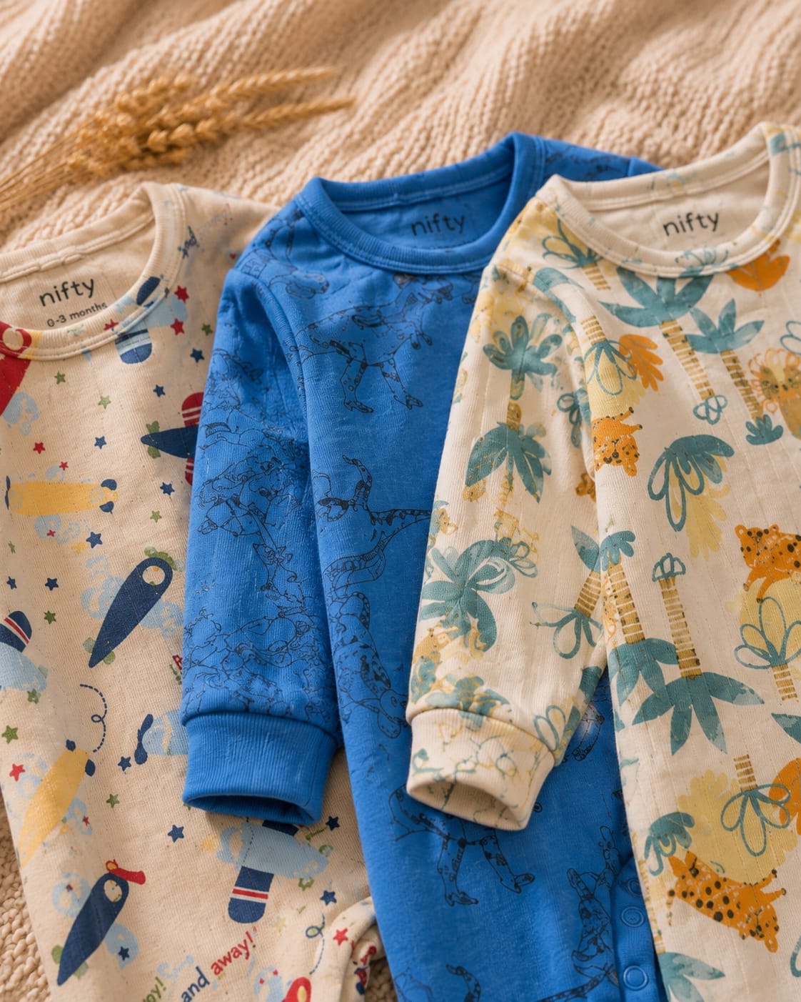 Baby Rompers Pack of 3 – Airplane, Dinosaur & Jungle Print Cotton Jumpsuit