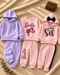 Pack of 3 girls hoodie jogger sets in lavender smiley, pink glitter print and Little Sis bow design