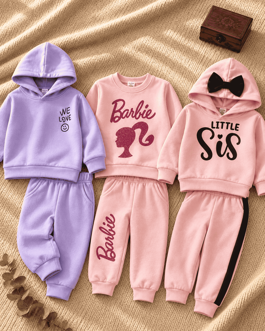 Pack of 3 girls hoodie jogger sets in lavender smiley, pink glitter print and Little Sis bow design