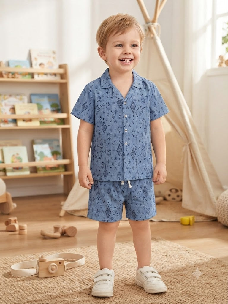 Mini Aura Boys Shirt and Shorts Set (Tribal Geometric Print) – Dusty Blue