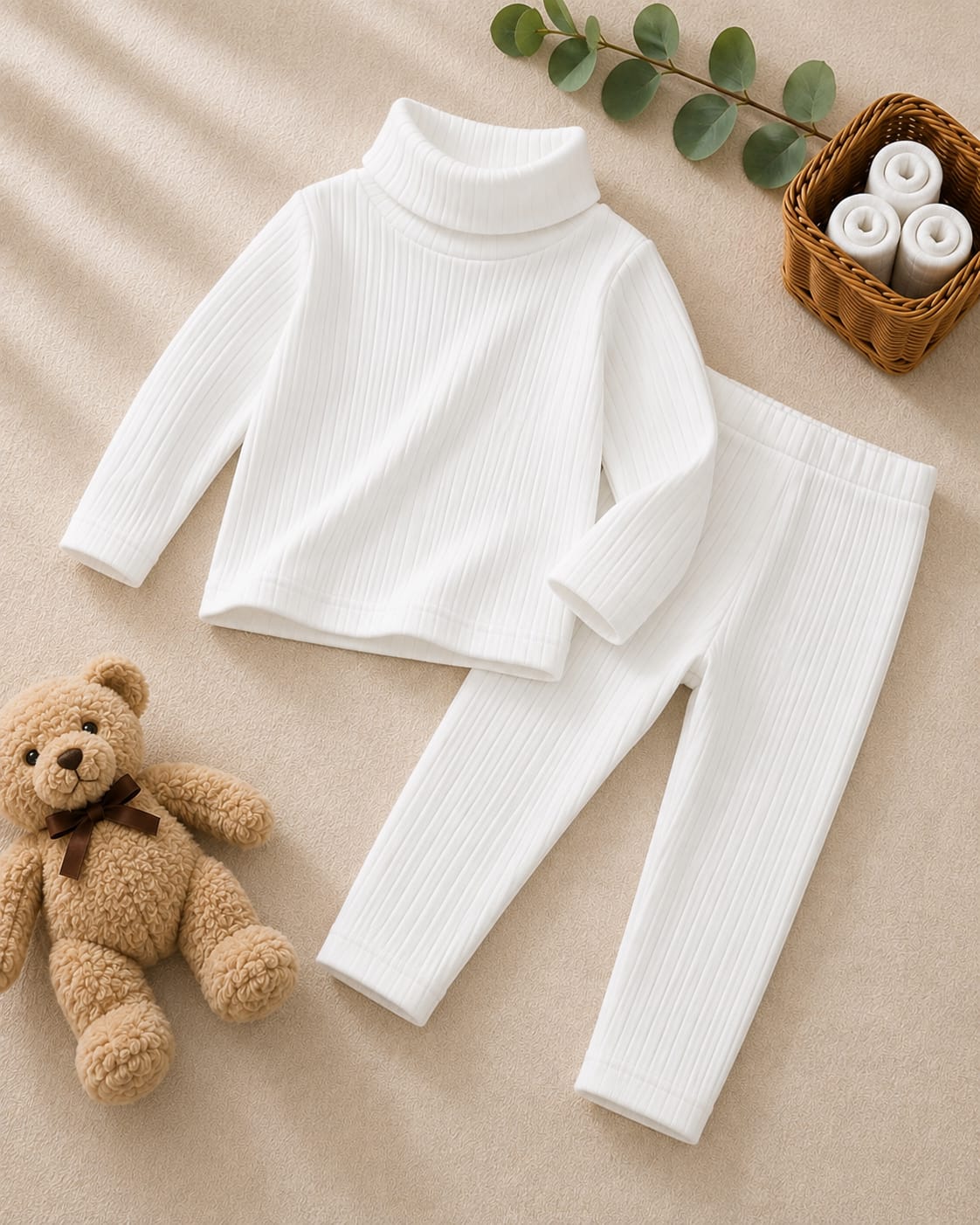 Plush - Shoulder High Neck Style Ribbed Knit Basic Set - white