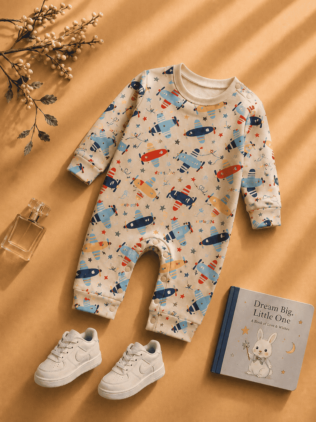 Baby Airplane Print Romper | Beige Long Sleeve Jumpsuit