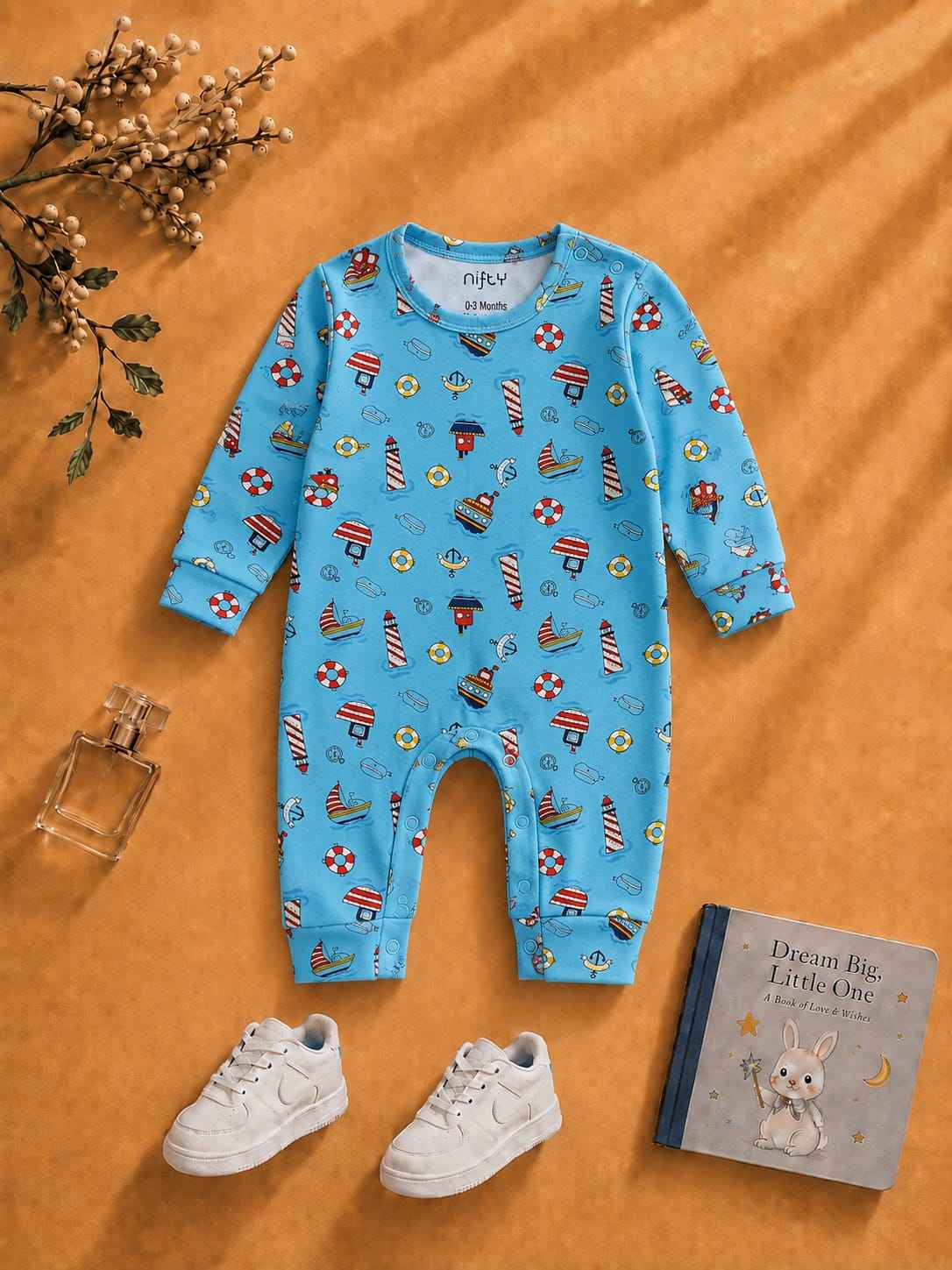 Baby Nautical Print Romper | Blue Long Sleeve Jumpsuit