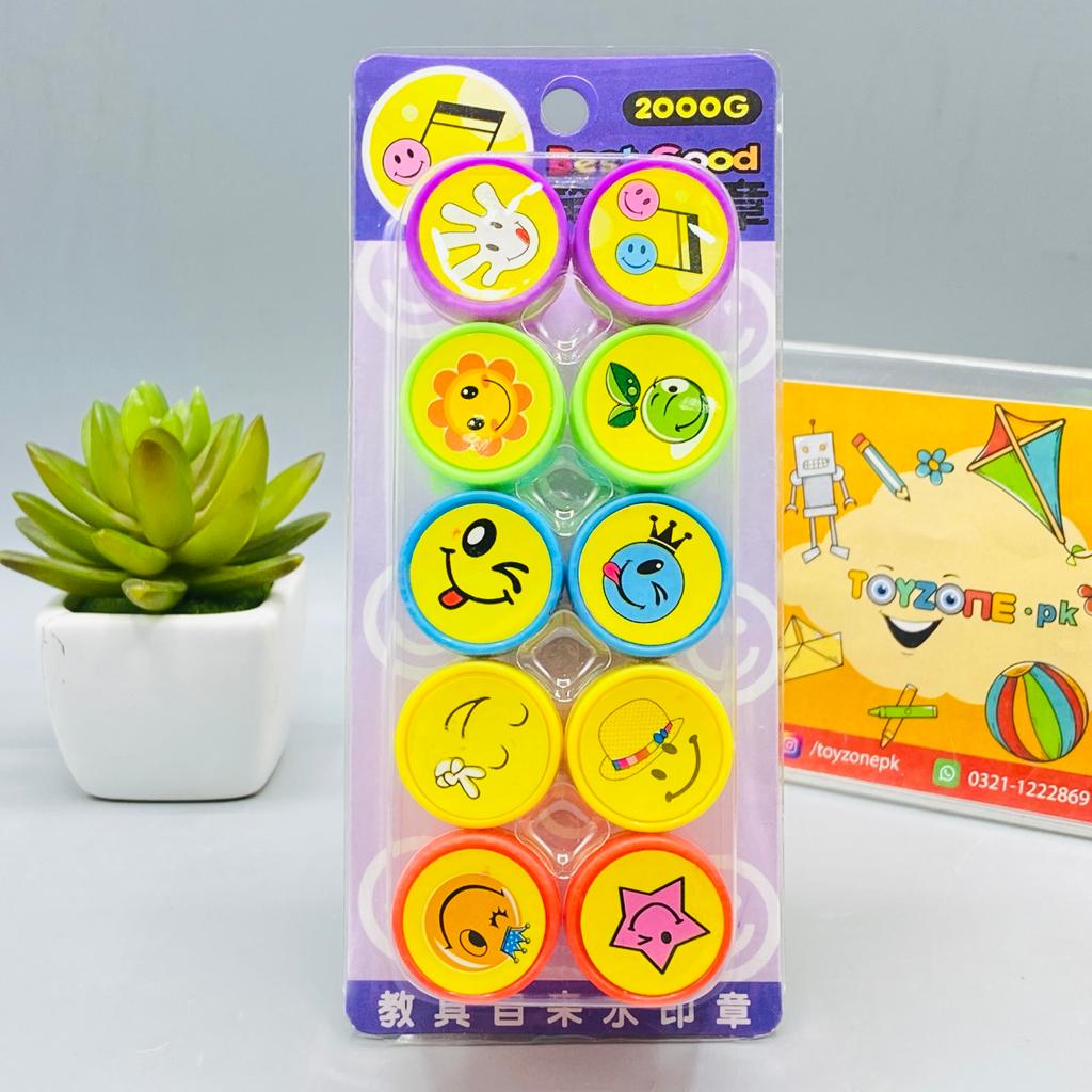 10-piece colorful self-inking emoji stamper set for kids' crafts and rewards.