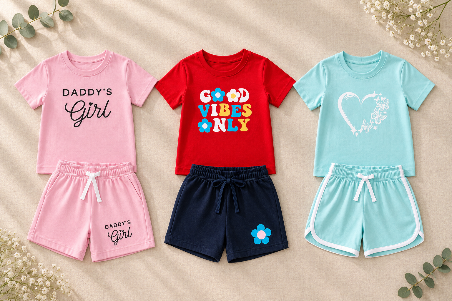 Kids cotton t-shirt shorts co-ord set pack of 3