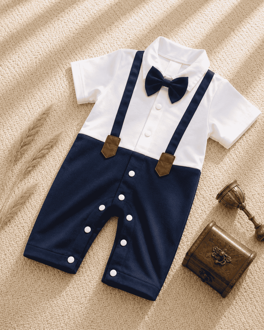 Baby Boy Navy Blue Romper with Bow Tie & Suspenders