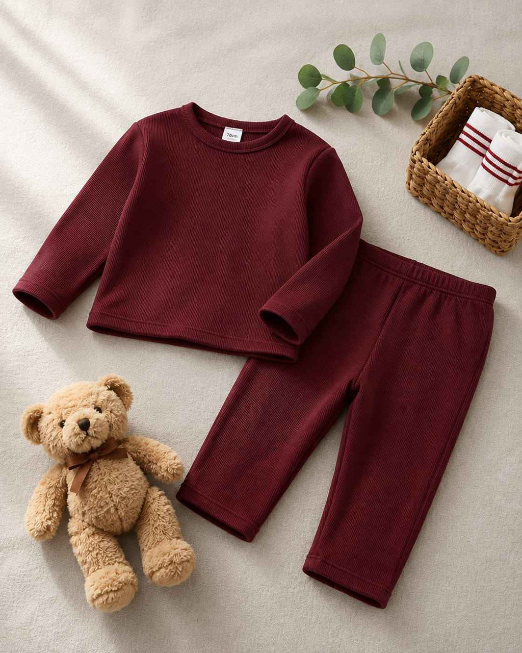 Plush Round Neck Style Ribbed Knit Sweat Set - Maroon