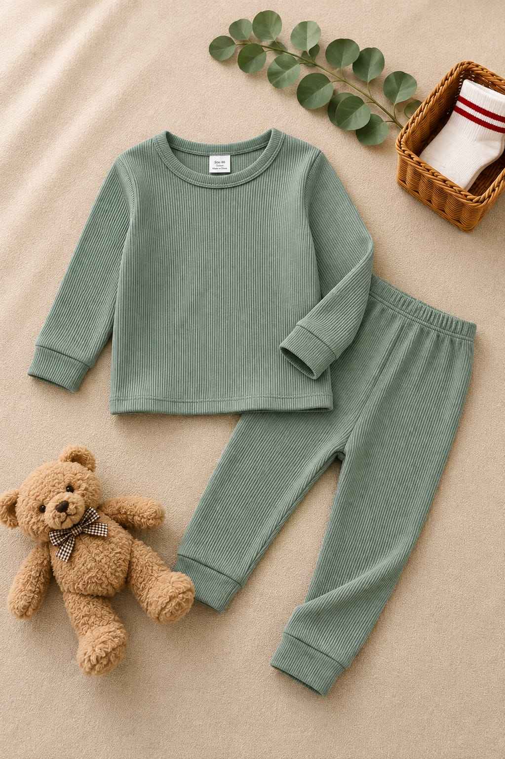 Plush Round Neck Style Ribbed Knit Sweat Set - Green