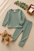 Plush Round Neck Style Ribbed Knit Sweat Set - Green
